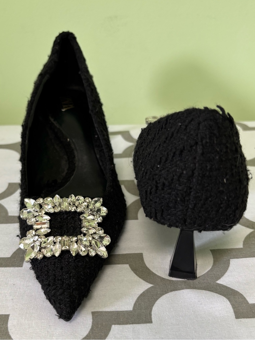 Zara Black Textured Crystal Embellished Buckle Pointed-Toe Pumps - Picture 5 of 13